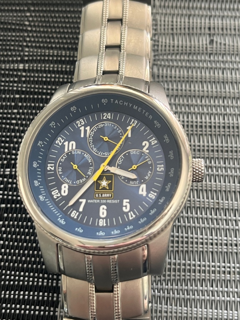 U.S. Army Blue Dial Chronograph Watch with Silver Bracelet and Yellow Accents